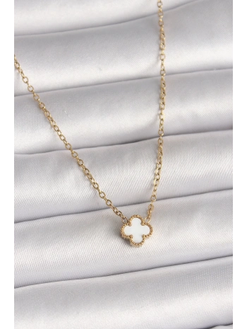 316L Çelik Gold Renk Beyaz Yonca Model Kadın Kolye