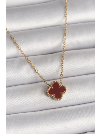 316L Çelik Gold Renk Bordo Yonca Model Kadın Kolye