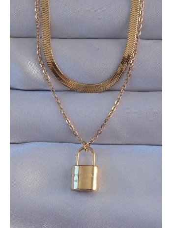 316L Çelik Gold Renk Çift Zincir Kilit Model Kolye