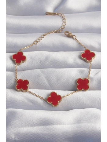 316L Çelik Gold Renk Kırmızı Mineli Yonca Bileklik