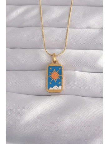 316L Çelik Gold Renk Mavi Mineli Güneş Model Tarot Kolye