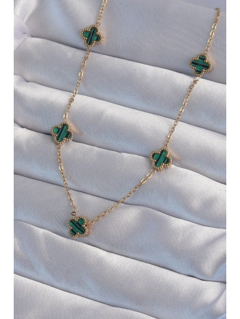 316L Çelik Gold Renk Minimal Yeşil Mineli Yonca Kolye