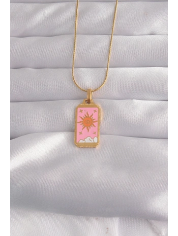 316L Çelik Gold Renk Pembe Mineli Güneş Model Tarot Kolye