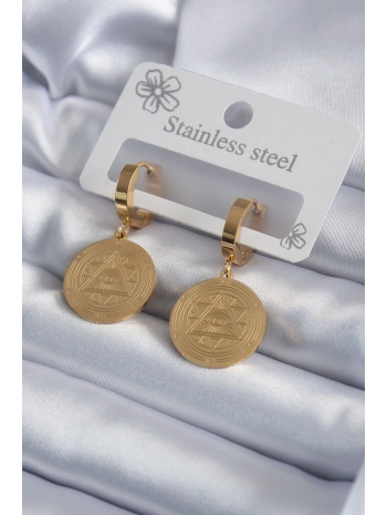 316L Çelik Gold Renk Pentagram İşleme Model Kadın Küpe