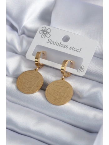 316L Çelik Gold Renk Pentagram İşleme Model Kadın Küpe