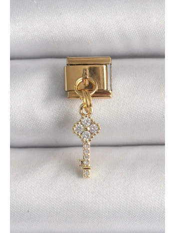 316L Çelik Gold Renk Sallantı Zirkon Taşlı Anahtar Model Nomination Charm