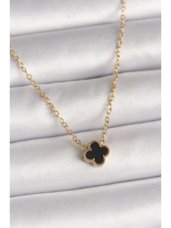 316L Çelik Gold Renk Siyah Yonca Model Kadın Kolye