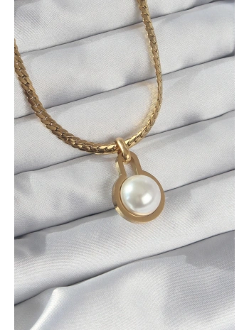 316L Çelik Gold Renk Yassı Zincir İnci Taşlı Kolye