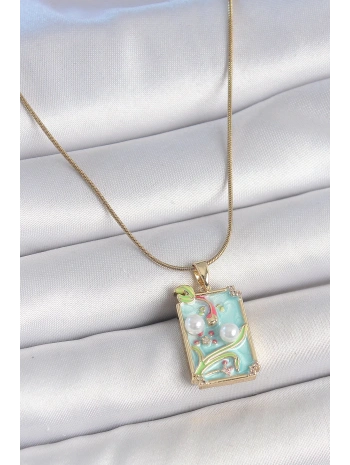 316L Çelik Gold Renk Zincir Mavi Mineli İncili Çiçek İşlemeli Portre Model Kadın Kolye