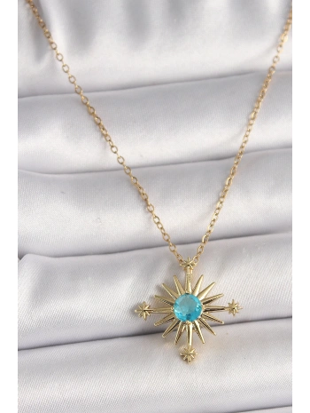 316L Çelik Gold Renk Zincir Mavi Taş Detaylı Kuzey Yıldız Model Kadın Kolye