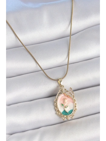316L Çelik Gold Renk Zincir Mix Renk Çiçek İşlemeli Zirkon Taş Detaylı Portre Model Kadın Kolye