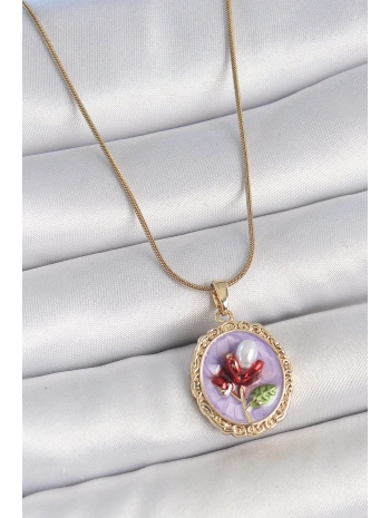 316L Çelik Gold Renk Zincir Mor Mineli İncili Çiçek İşlemeli Portre Model Kadın Kolye