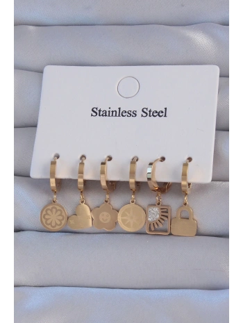 316L Çelik Gold Renk Zirkon Taşlı Çiçek Figürlü Kalp Model Halka Küpe Seti