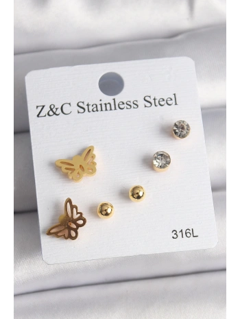 316L Çelik Gold Renk Zirkon Taşlı Kelebek Figür Kadın Küpe Seti