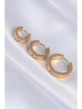 316L Çelik Gold Renk Zirkon Taşlı Model 3lü Halka Küpe