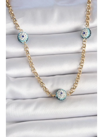 316L Çelik Gold Renk Zirkon Taşlı Nazar Boncuk Model Kadın Kolye - TJ-BKO10121