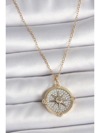 316L Çelik Gold Renk Zirkon Taşlı Pusula Model Kadın Kolye