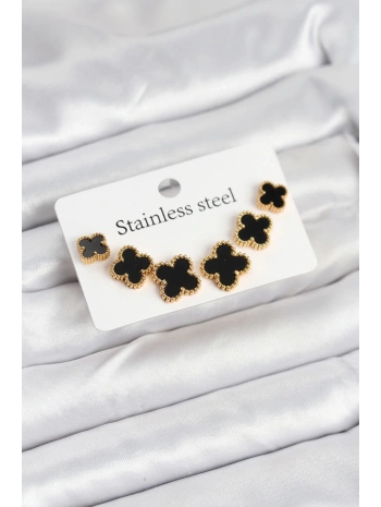 316L Çelik Gold Siyah Renk 3 Boy Yonca Küpe Seti