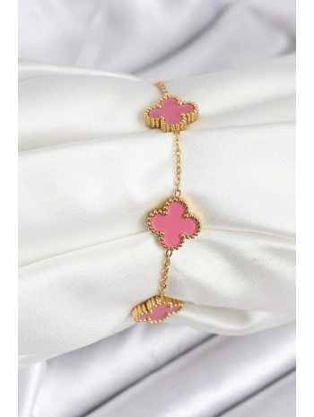 316L Çelik Gold Zincir Pembe Yonca Renk Bileklik