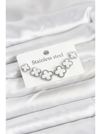 316L Çelik Gümüş Beyaz Renk 3 Boy Yonca Küpe Seti