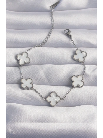 316L Çelik Gümüş Renk Beyaz Sedefli Yonca Bileklik