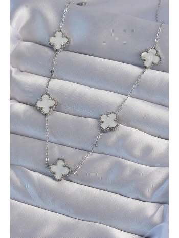 316L Çelik Gümüş Renk Beyaz Sedefli Yonca Kolye