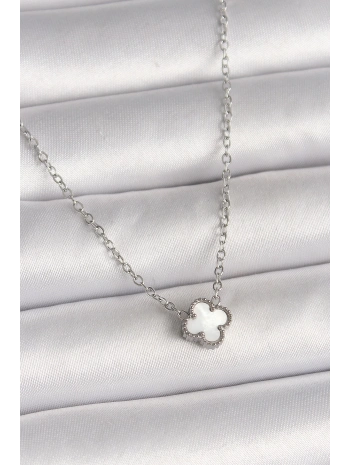 316L Çelik Gümüş Renk Beyaz Yonca Model Kadın Kolye