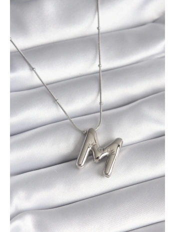 316L Çelik Gümüş Renk Bubble M Harf Model Kadın Kolye