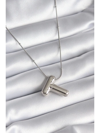 316L Çelik Gümüş Renk Bubble T Harf Model Kadın Kolye