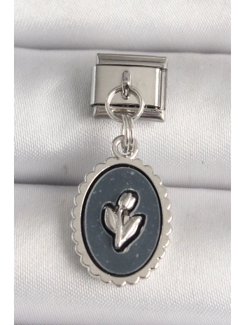 316L Çelik Gümüş Renk Çiçek İşlemeli Siyah Portre Model Nomination Charm