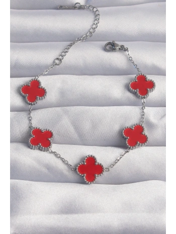 316L Çelik Gümüş Renk Kırmızı Mineli Yonca Bileklik