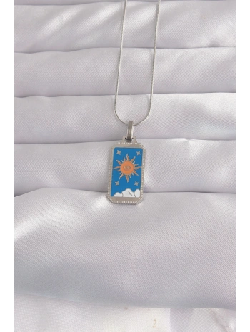 316L Çelik Gümüş Renk Mavi Mineli Güneş Model Tarot Kolye