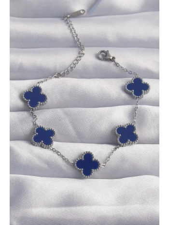 316L Çelik Gümüş Renk Mavi Mineli Yonca Bileklik