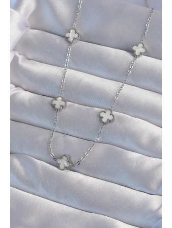 316L Çelik Gümüş Renk Minimal Beyaz Sedefli Yonca Kolye