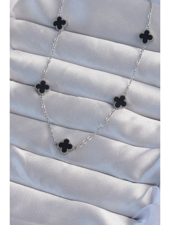 316L Çelik Gümüş Renk Minimal Siyah Mineli Yonca Kolye