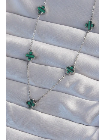 316L Çelik Gümüş Renk Minimal Yeşil Mineli Yonca Kolye