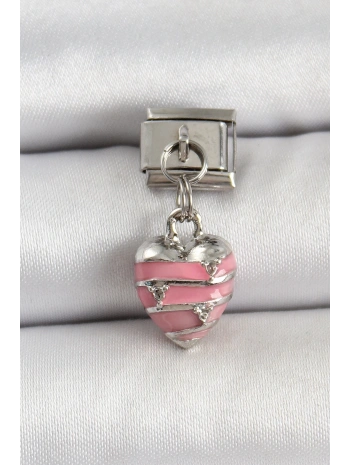 316L Çelik Gümüş Renk Pembe Kalp Model Nomination Charm