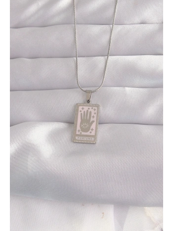 316L Çelik Gümüş Renk Pembe Mineli El Figür Tarot Kolye