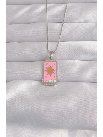 316L Çelik Gümüş Renk Pembe Mineli Güneş Model Tarot Kolye