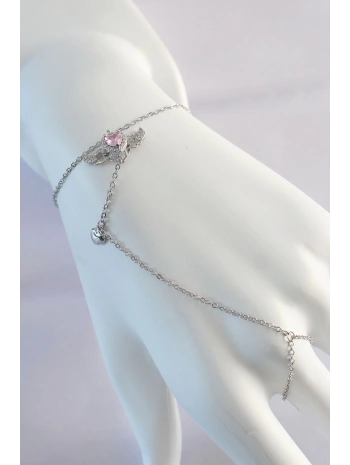 316L Çelik Gümüş Renk Pembe Zirkon Taşlı Kanatlı Kalp Model Şahmeran