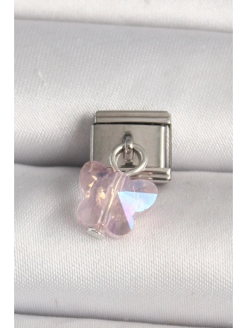 316L Çelik Gümüş Renk Pembe Zirkon Taşlı Kelebek Model Nomination Charm