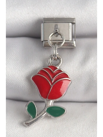 316L Çelik Gümüş Renk Sallantı Kırmızı Gül Model Nomination Charm