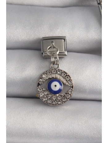 316L Çelik Gümüş Renk Sallantı Zirkon Taşlı Göz Model Nazar Boncuk Detay Nomination Charm