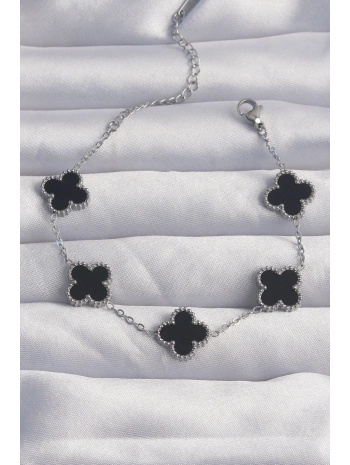 316L Çelik Gümüş Renk Siyah Mineli Yonca Bileklik