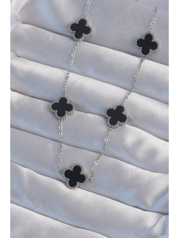 316L Çelik Gümüş Renk Siyah Mineli Yonca Kolye