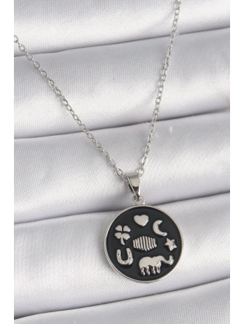 316L Çelik Gümüş Renk Siyah Renk Şans Kolyesi