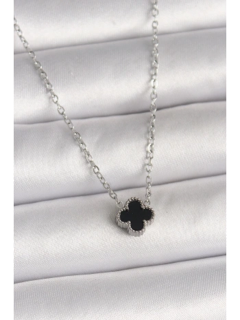 316L Çelik Gümüş Renk Siyah Yonca Model Kadın Kolye