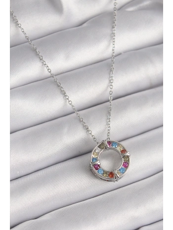 316L Çelik Gümüş Renk Zincir Renkli Zirkon Taşlı Xoxo Model Kadın Kolye