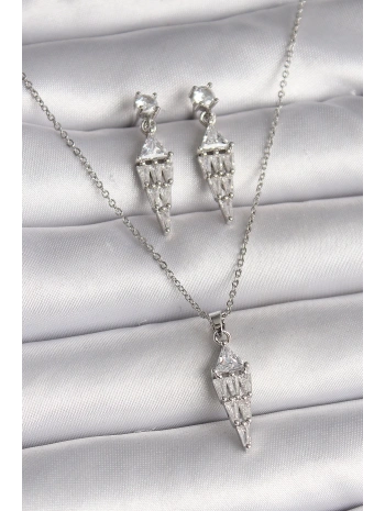 316L Çelik Gümüş Renk Zincir Sallantı Zirkon Taş Model Kadın Kolye Küpe Seti