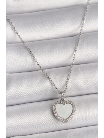 316L Çelik Gümüş Renk Zincir Zirkon Taşlı Beyaz Mineli Kalp Model Kadın Kolye